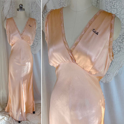 Vintage 1930's Nightgown - Rich Peach Silk Satin with Warm Nude Lace & Red Estelle Monogram, size M, LG - Daggers & Dames