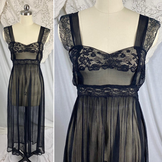 Vintage 1930's Nightgown | Sheer Black Silk Gauze with Intricate Cotton Floral Lace | Size XS - Daggers & Dames