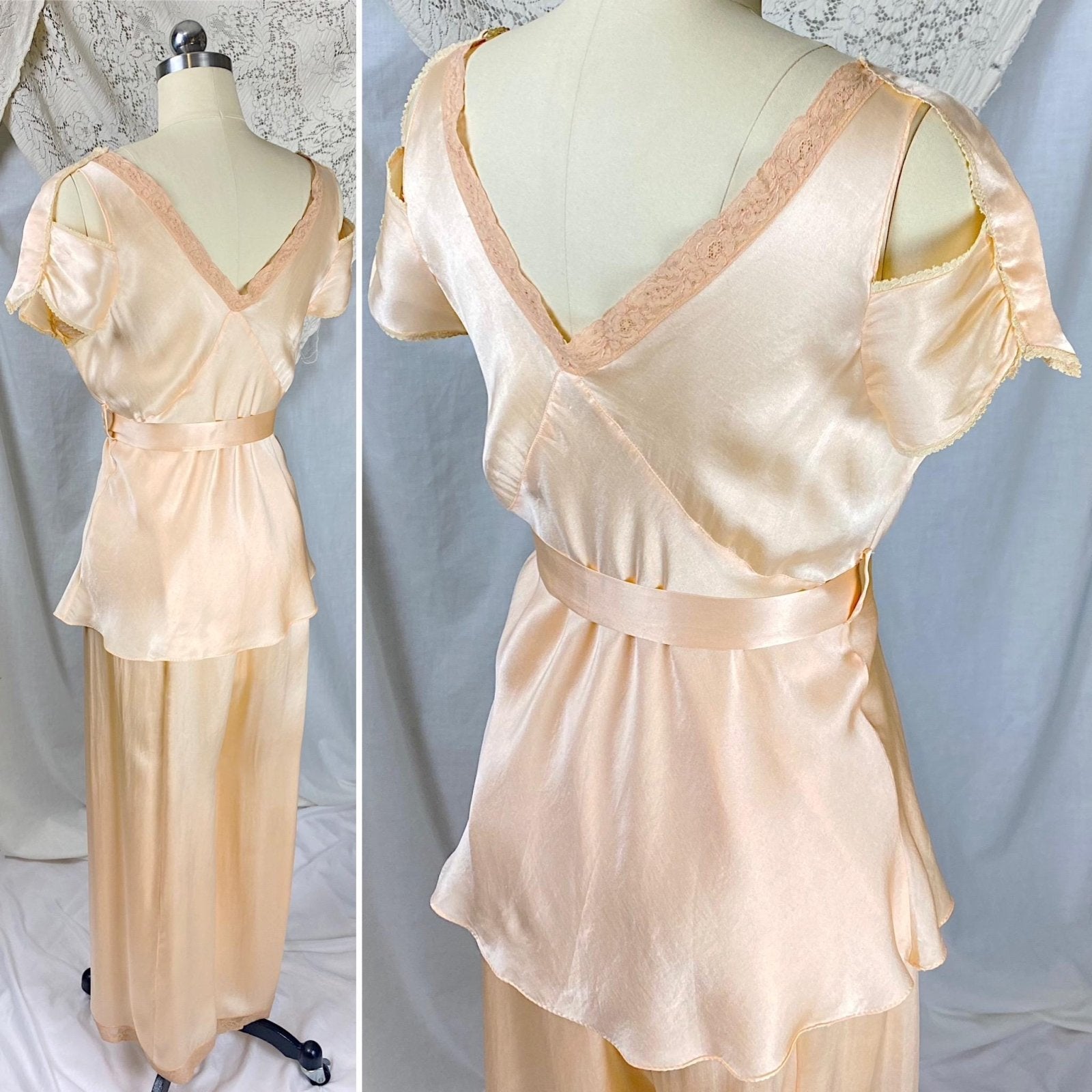 Vintage 1930's Pajama Set | Apricot Silk with Blush Lace Appliqués & Cold Shoulder Cutouts | Size XS, S - Daggers & Dames