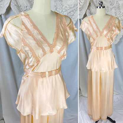 Vintage 1930's Pajama Set | Apricot Silk with Blush Lace Appliqués & Cold Shoulder Cutouts | Size XS, S - Daggers & Dames