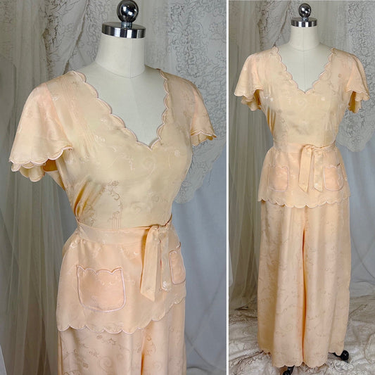 Vintage 1930's Pajama Set - Hand Stitched Pale Peach Silk with Floral Satin Jacquard Print - by Peggy Mandis, size S, M - Daggers & Dames