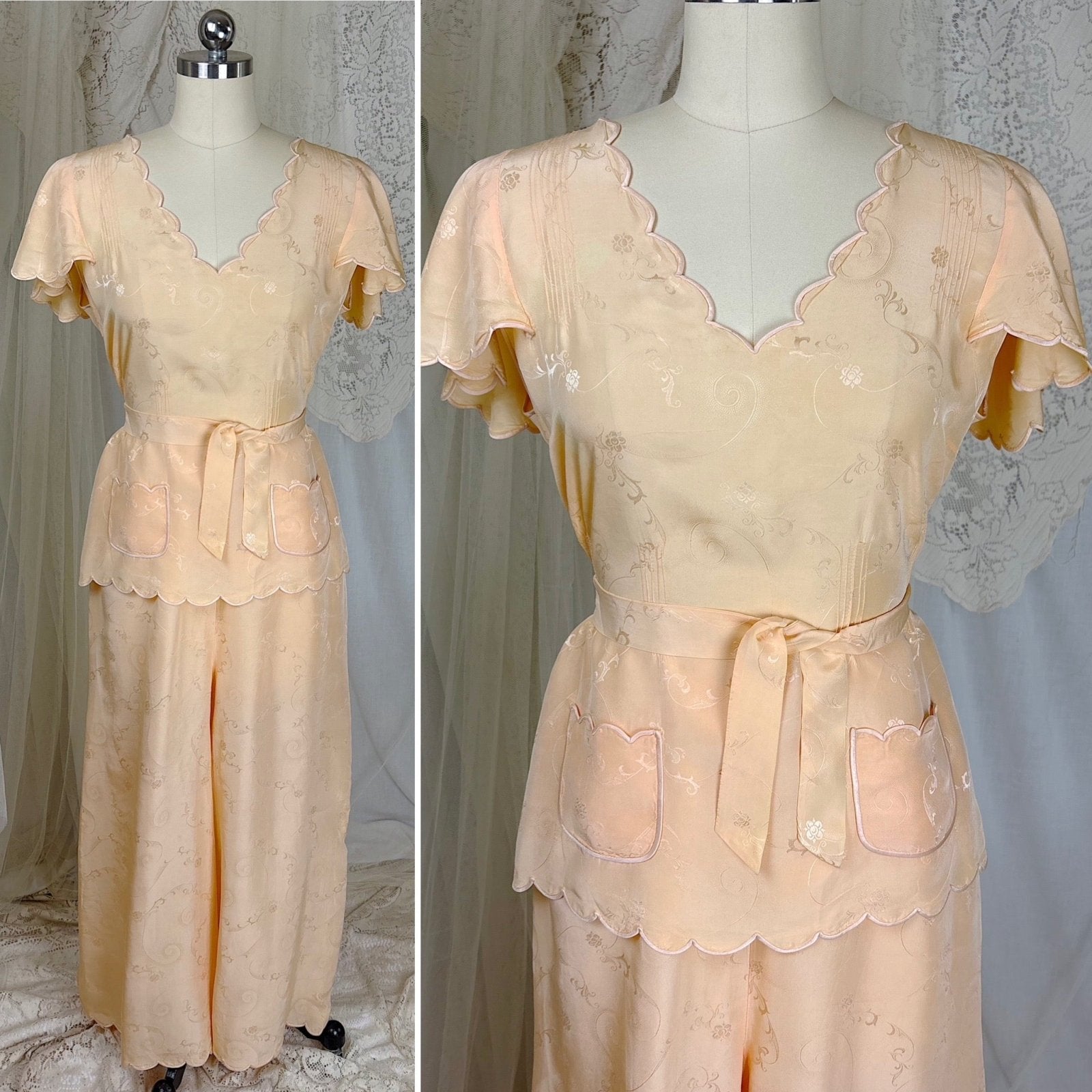 Vintage 1930's Pajama Set - Hand Stitched Pale Peach Silk with Floral Satin Jacquard Print - by Peggy Mandis, size S, M - Daggers & Dames