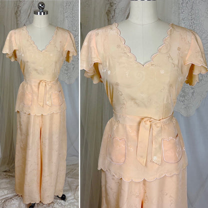 Vintage 1930's Pajama Set - Hand Stitched Pale Peach Silk with Floral Satin Jacquard Print - by Peggy Mandis, size S, M - Daggers & Dames