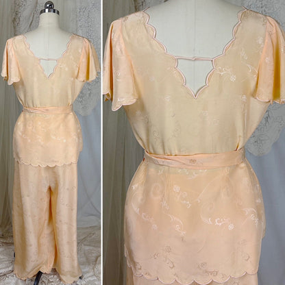 Vintage 1930's Pajama Set - Hand Stitched Pale Peach Silk with Floral Satin Jacquard Print - by Peggy Mandis, size S, M - Daggers & Dames