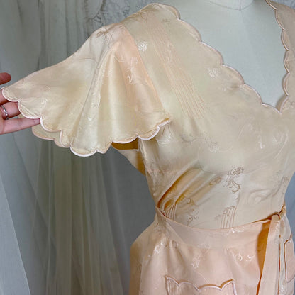Vintage 1930's Pajama Set - Hand Stitched Pale Peach Silk with Floral Satin Jacquard Print - by Peggy Mandis, size S, M - Daggers & Dames