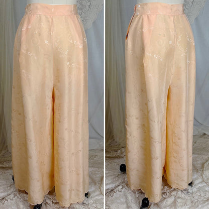 Vintage 1930's Pajama Set - Hand Stitched Pale Peach Silk with Floral Satin Jacquard Print - by Peggy Mandis, size S, M - Daggers & Dames