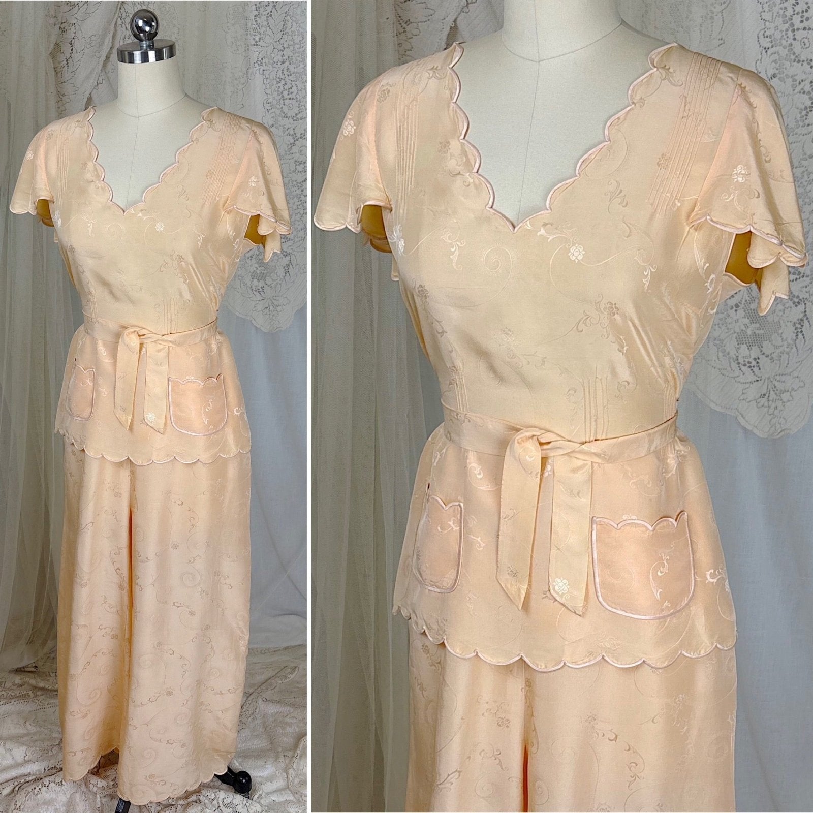 Vintage 1930's Pajama Set - Hand Stitched Pale Peach Silk with Floral Satin Jacquard Print - by Peggy Mandis, size S, M - Daggers & Dames