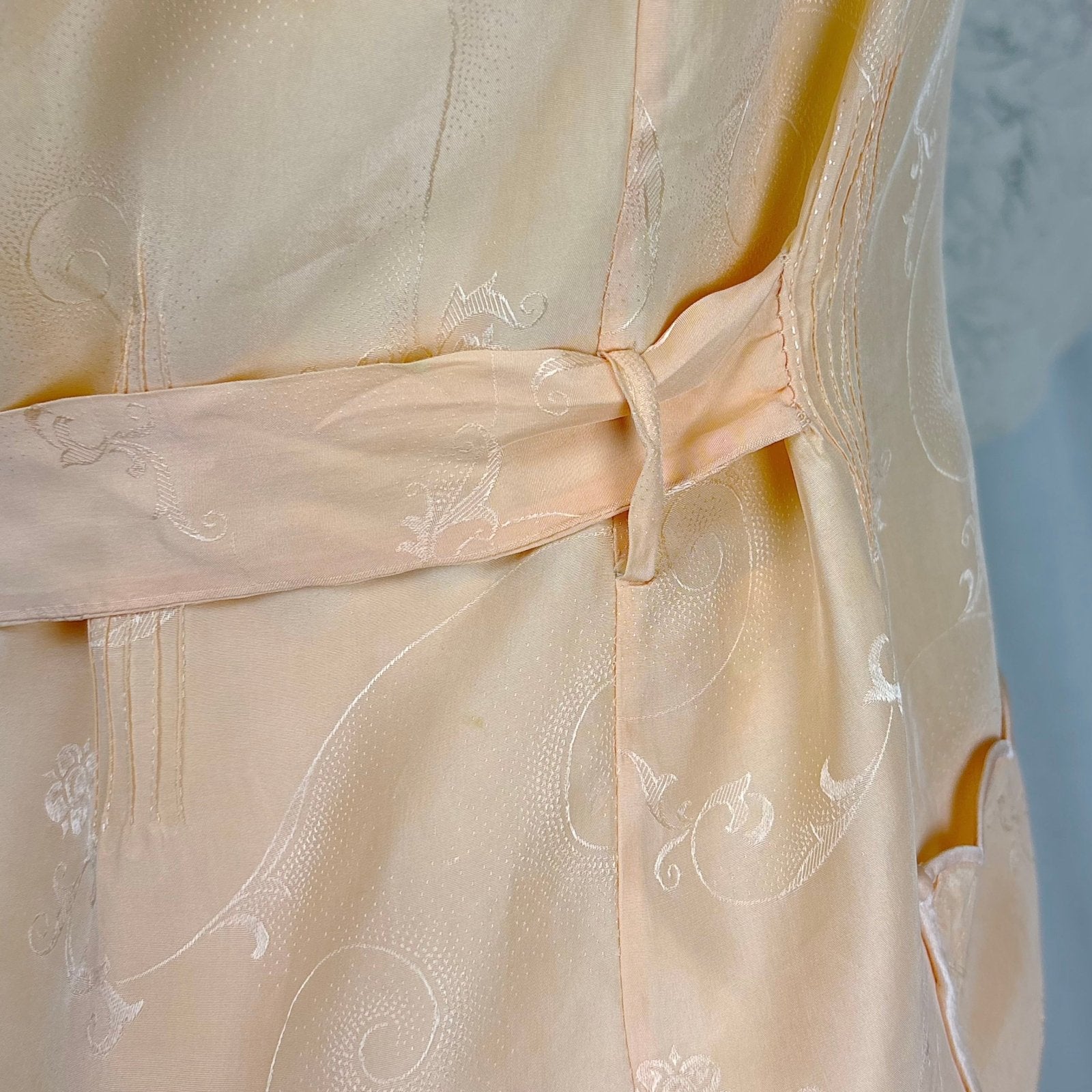 Vintage 1930's Pajama Set - Hand Stitched Pale Peach Silk with Floral Satin Jacquard Print - by Peggy Mandis, size S, M - Daggers & Dames
