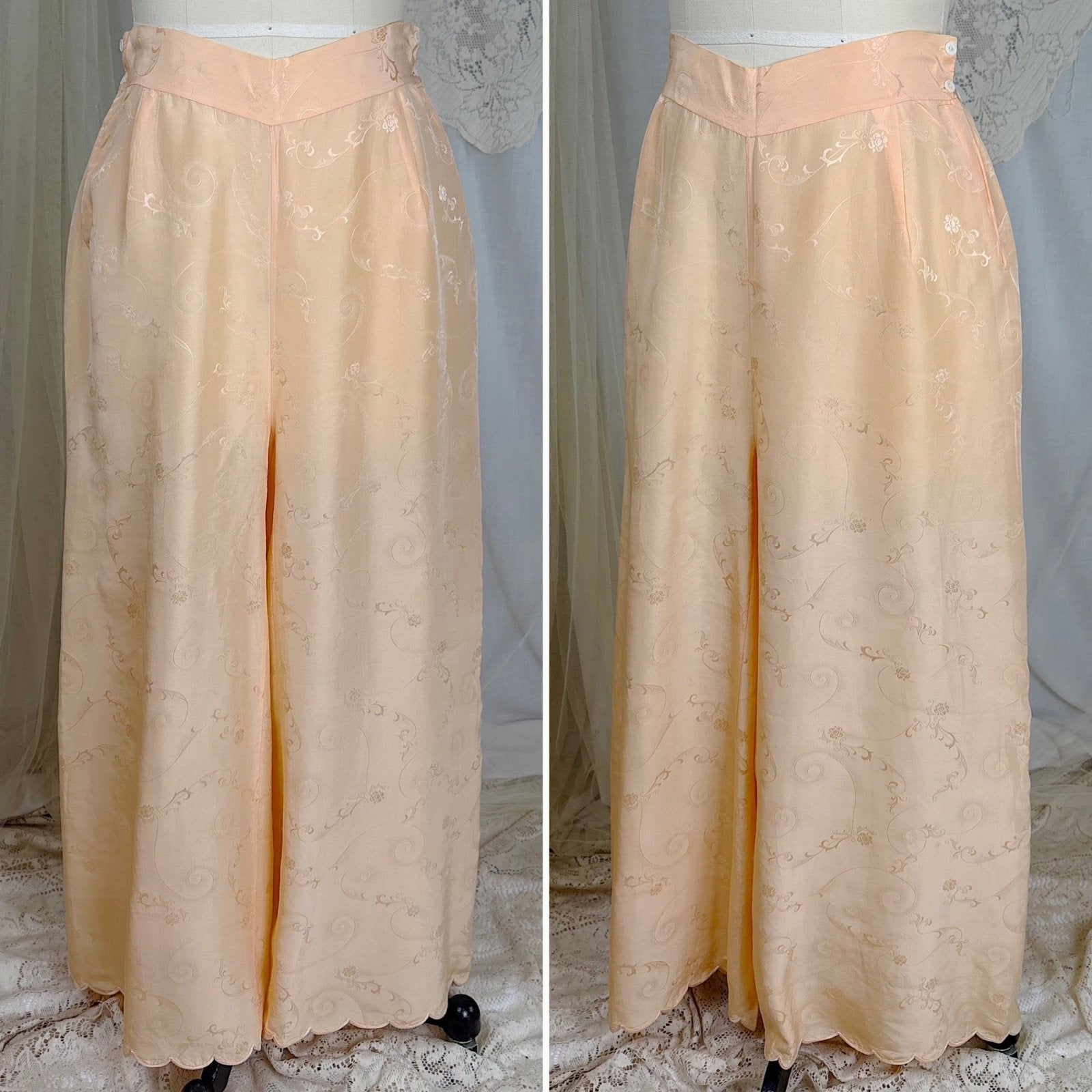 Vintage 1930's Pajama Set - Hand Stitched Pale Peach Silk with Floral Satin Jacquard Print - by Peggy Mandis, size S, M - Daggers & Dames