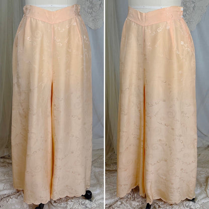 Vintage 1930's Pajama Set - Hand Stitched Pale Peach Silk with Floral Satin Jacquard Print - by Peggy Mandis, size S, M - Daggers & Dames