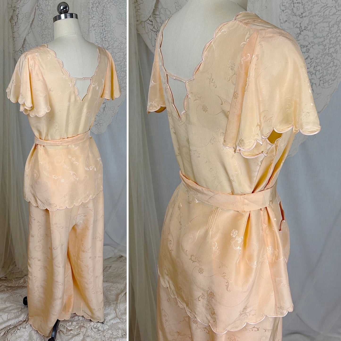 Vintage 1930's Pajama Set - Hand Stitched Pale Peach Silk with Floral Satin Jacquard Print - by Peggy Mandis, size S, M - Daggers & Dames
