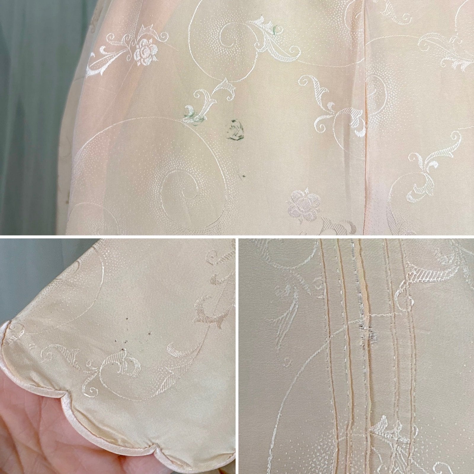 Vintage 1930's Pajama Set - Hand Stitched Pale Peach Silk with Floral Satin Jacquard Print - by Peggy Mandis, size S, M - Daggers & Dames