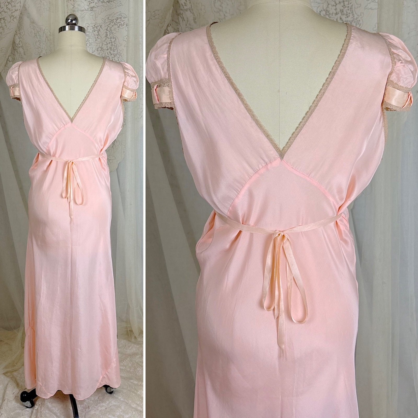Vintage 1930's Pale Rose Pink Silk Nightgown with Embroidered Cotton Tulle - Size S, M - Daggers & Dames