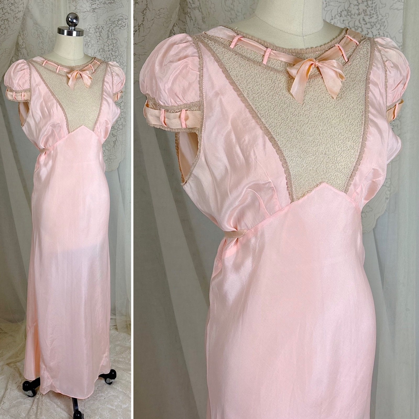 Vintage 1930's Pale Rose Pink Silk Nightgown with Embroidered Cotton Tulle - Size S, M - Daggers & Dames