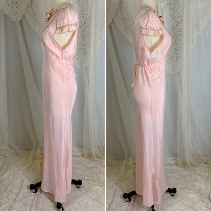 Vintage 1930's Pale Rose Pink Silk Nightgown with Embroidered Cotton Tulle - Size S, M - Daggers & Dames