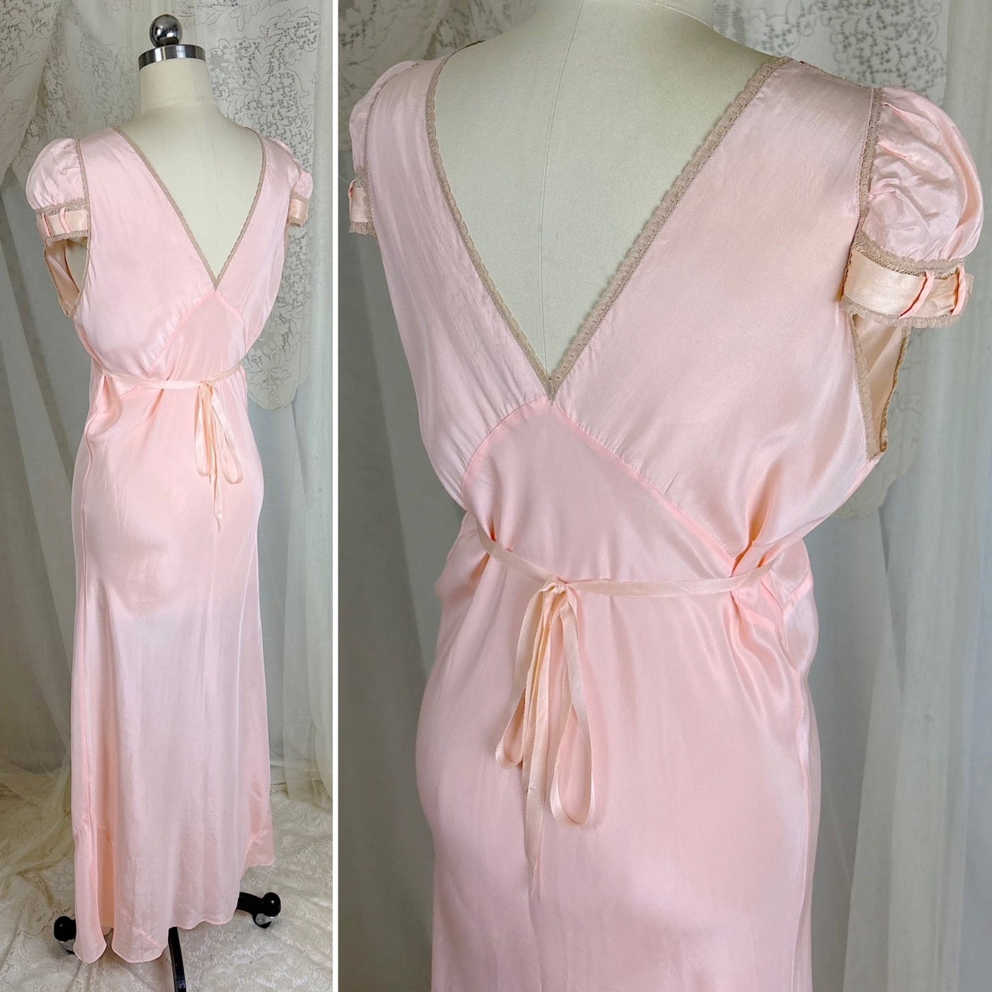 Vintage 1930's Pale Rose Pink Silk Nightgown with Embroidered Cotton Tulle - Size S, M - Daggers & Dames