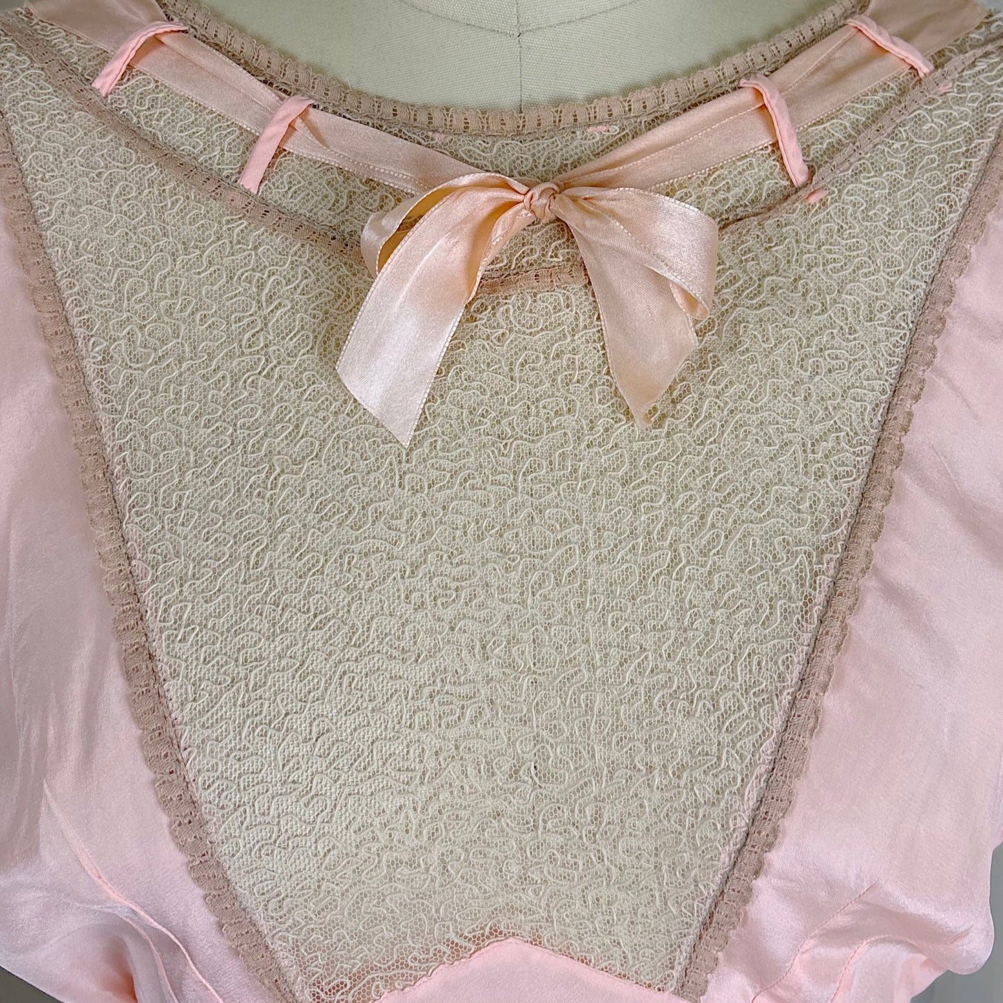 Vintage 1930's Pale Rose Pink Silk Nightgown with Embroidered Cotton Tulle - Size S, M - Daggers & Dames
