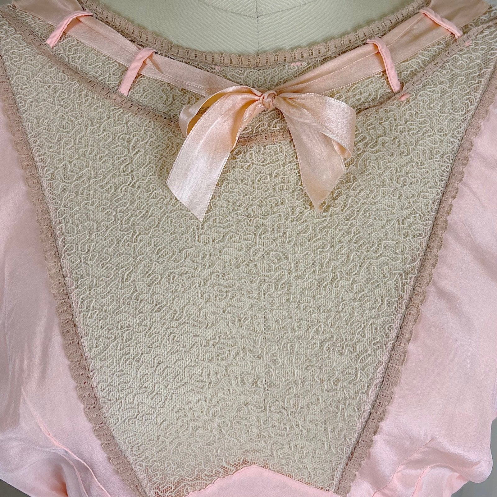 Vintage 1930's Pale Rose Pink Silk Nightgown with Embroidered Cotton Tulle - Size S, M - Daggers & Dames