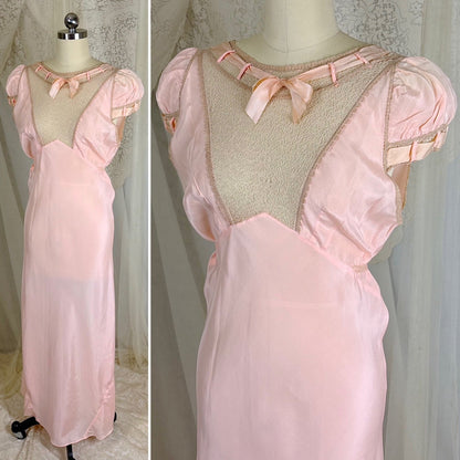 Vintage 1930's Pale Rose Pink Silk Nightgown with Embroidered Cotton Tulle - Size S, M - Daggers & Dames