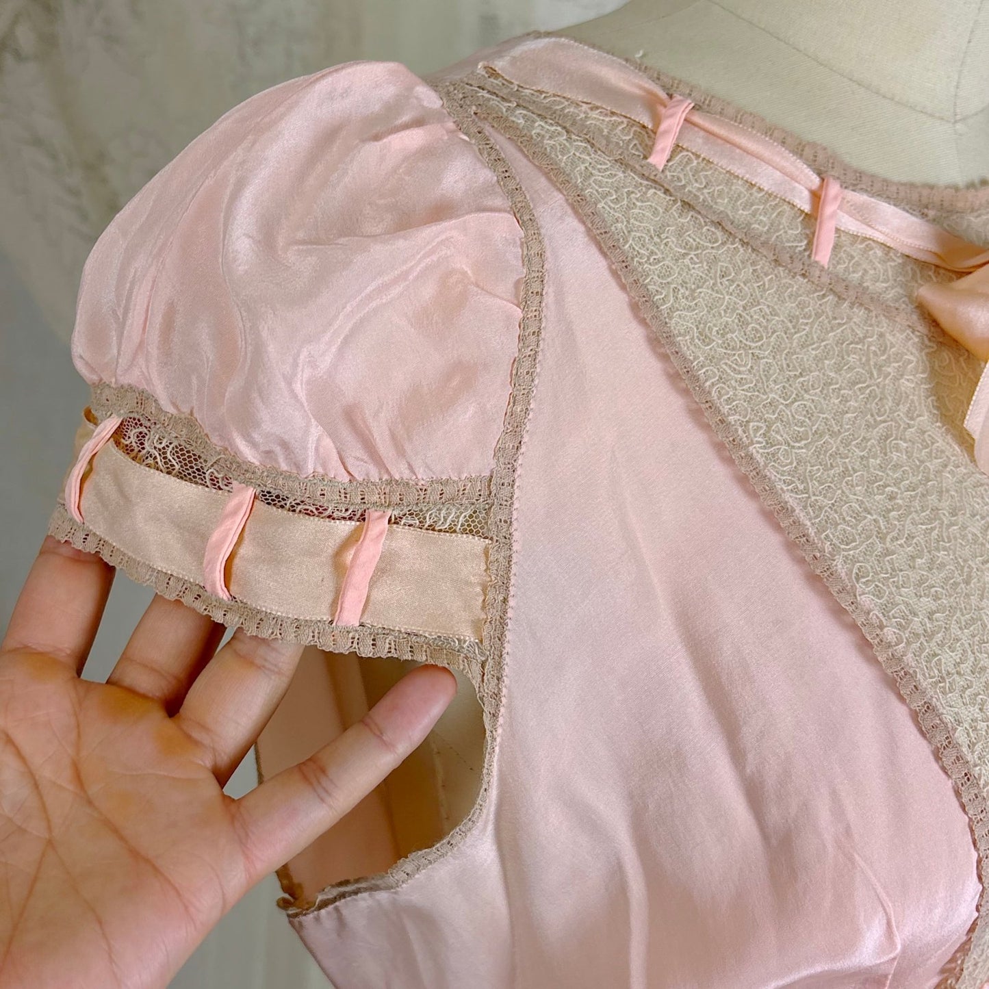 Vintage 1930's Pale Rose Pink Silk Nightgown with Embroidered Cotton Tulle - Size S, M - Daggers & Dames