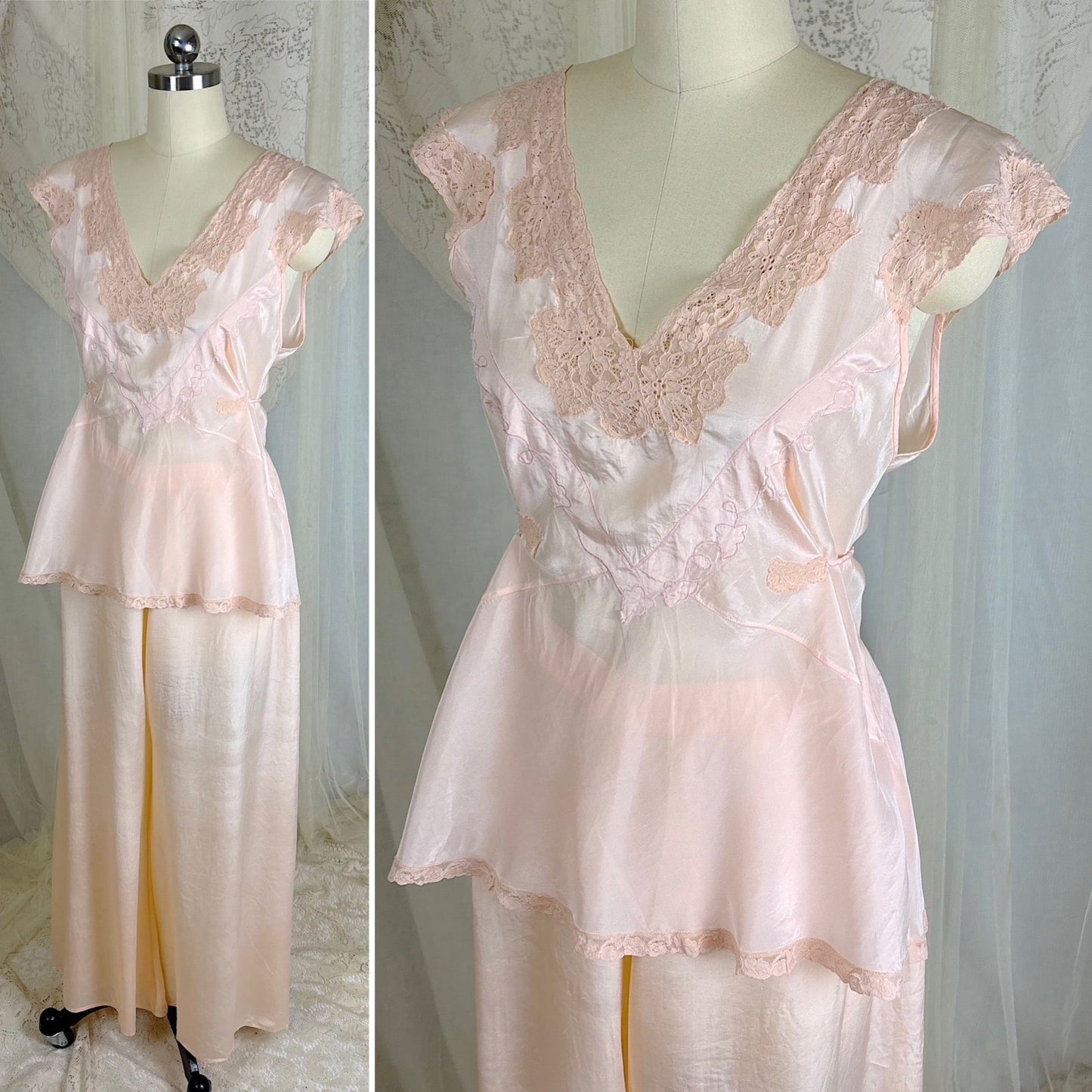 Vintage 1930's Powder Pink Silk Crepe Pajama Set - By Crepe de Lillian, Size M - Daggers & Dames