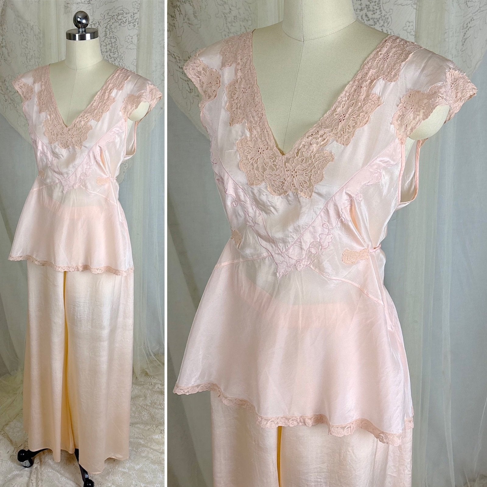 Vintage 1930's Powder Pink Silk Crepe Pajama Set - By Crepe de Lillian, Size M - Daggers & Dames