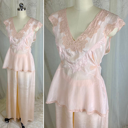 Vintage 1930's Powder Pink Silk Crepe Pajama Set - By Crepe de Lillian, Size M - Daggers & Dames