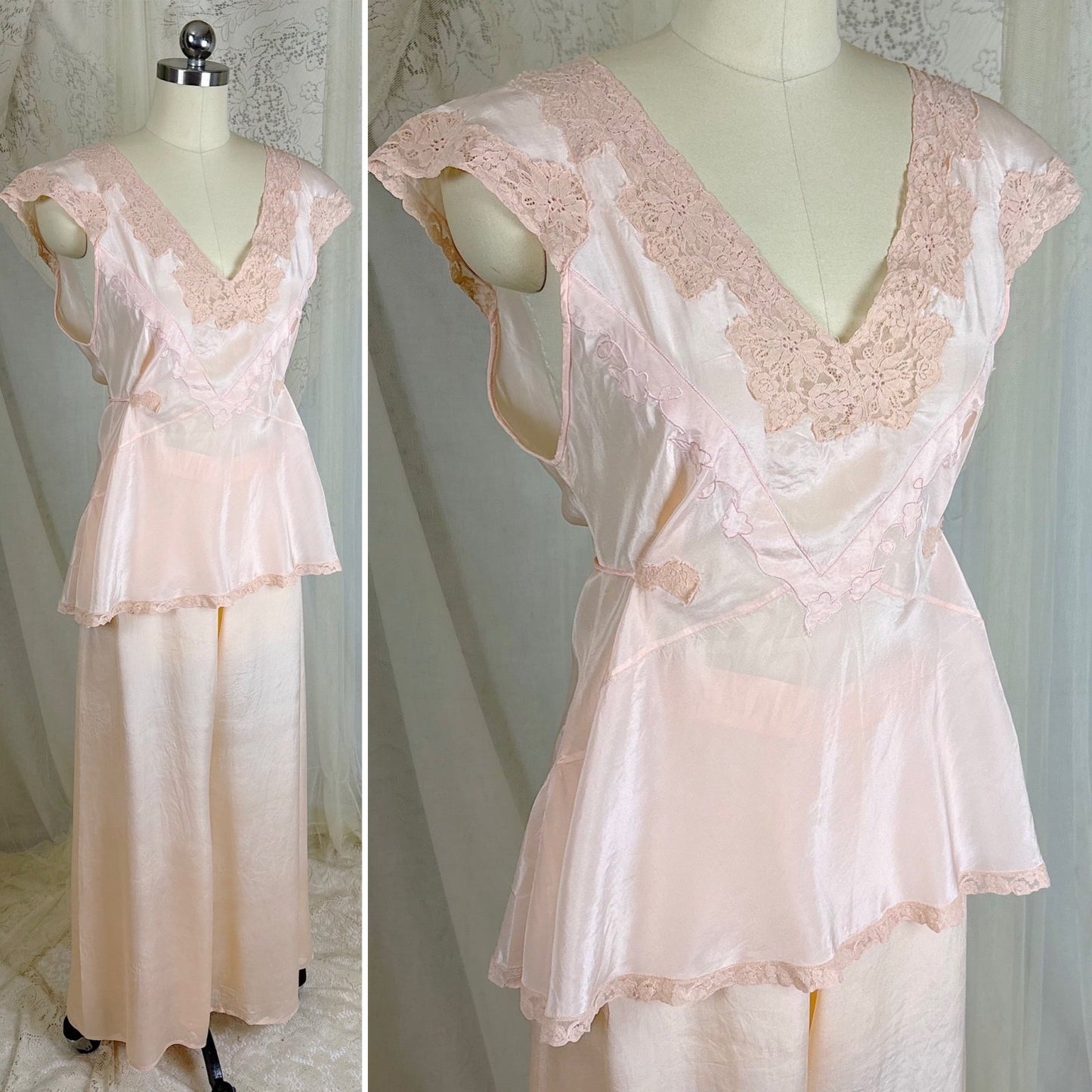 Vintage 1930's Powder Pink Silk Crepe Pajama Set - By Crepe de Lillian, Size M - Daggers & Dames