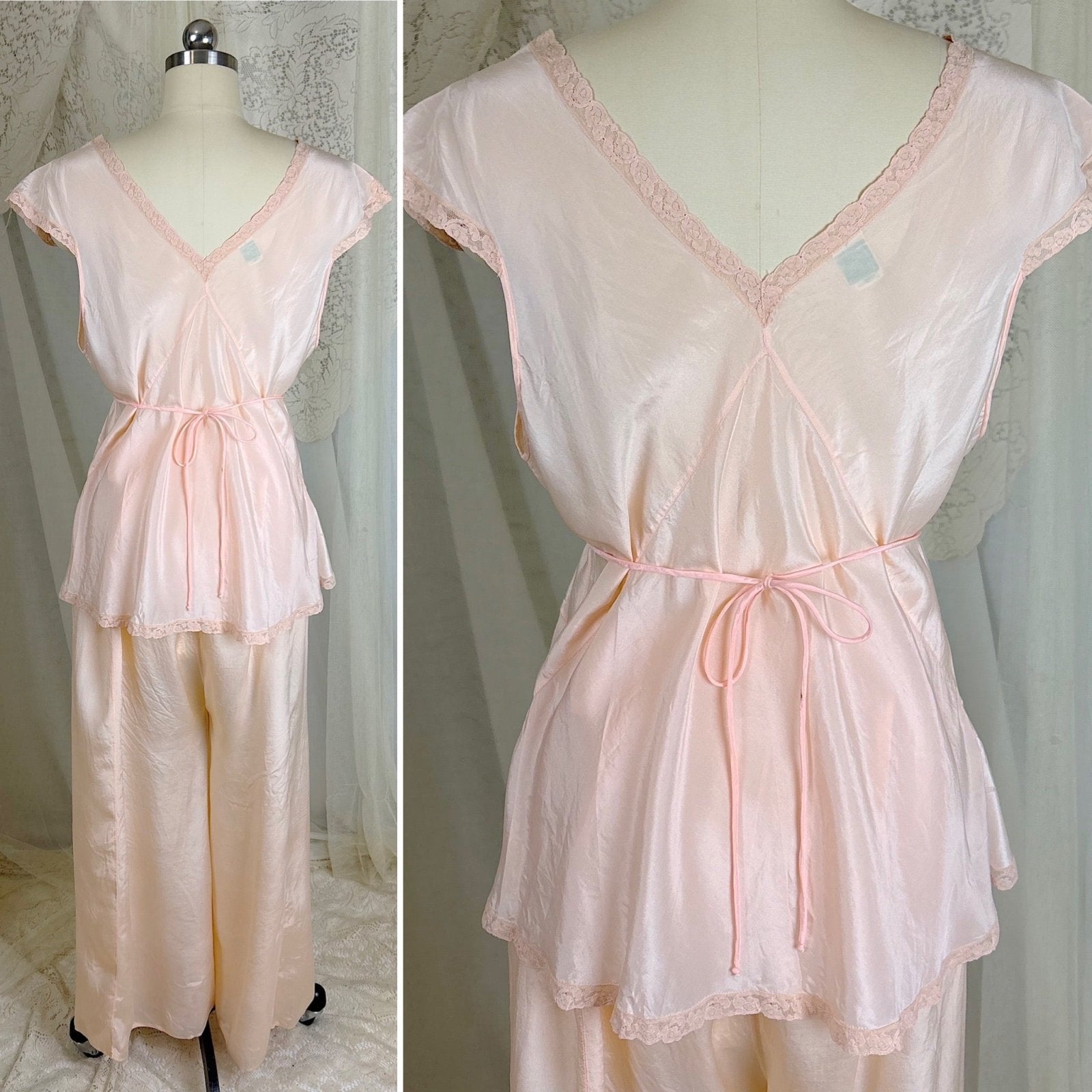 Vintage 1930's Powder Pink Silk Crepe Pajama Set - By Crepe de Lillian, Size M - Daggers & Dames