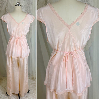 Vintage 1930's Powder Pink Silk Crepe Pajama Set - By Crepe de Lillian, Size M - Daggers & Dames