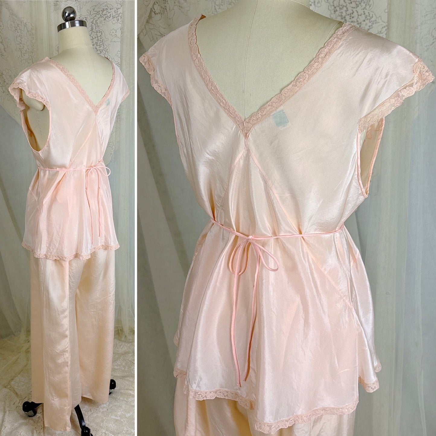 Vintage 1930's Powder Pink Silk Crepe Pajama Set - By Crepe de Lillian, Size M - Daggers & Dames