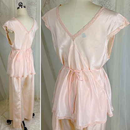 Vintage 1930's Powder Pink Silk Crepe Pajama Set - By Crepe de Lillian, Size M - Daggers & Dames