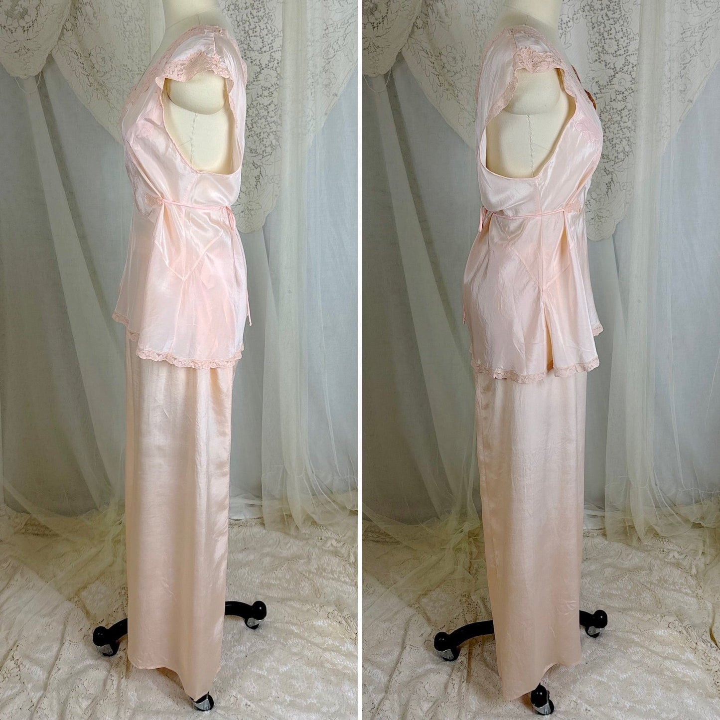 Vintage 1930's Powder Pink Silk Crepe Pajama Set - By Crepe de Lillian, Size M - Daggers & Dames