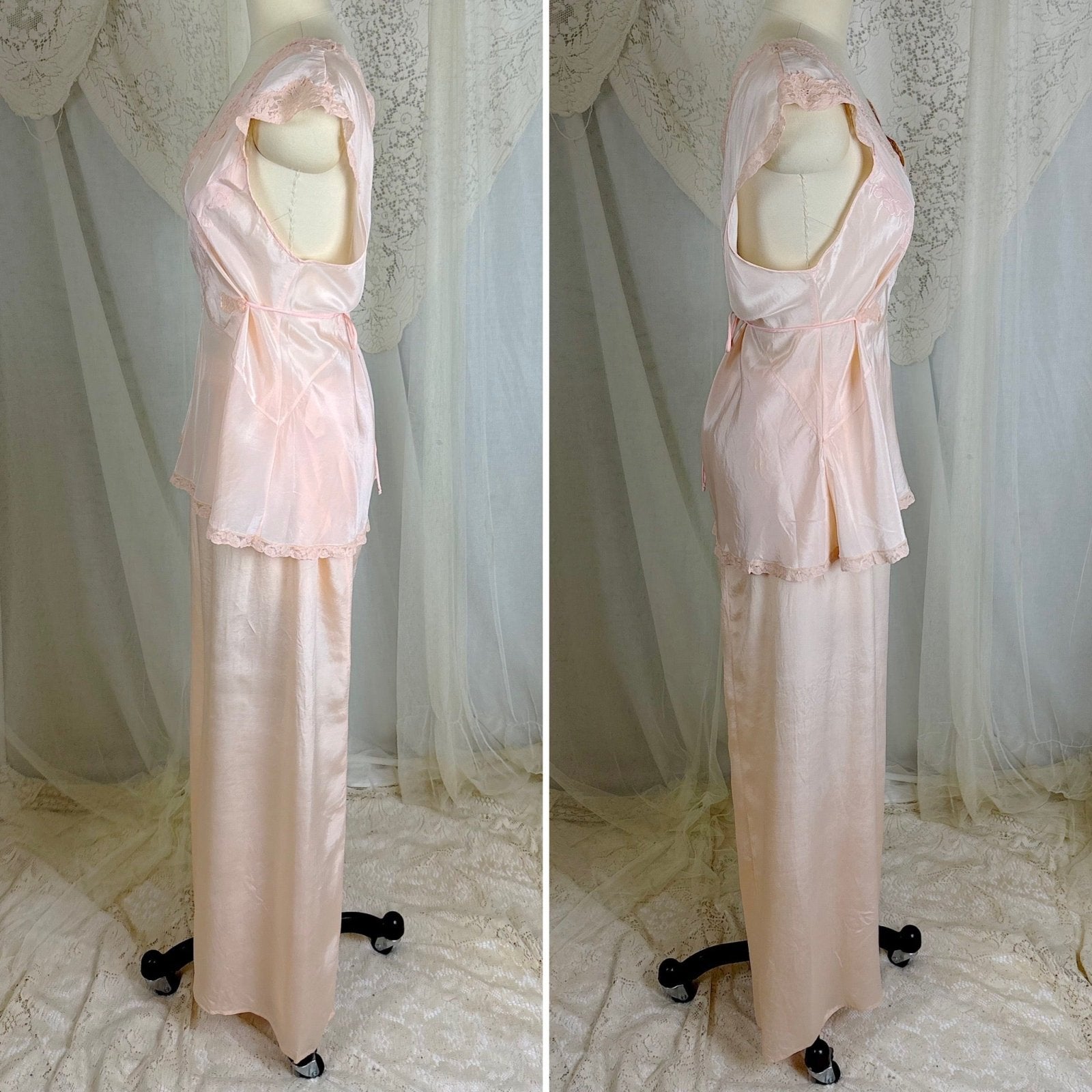 Vintage 1930's Powder Pink Silk Crepe Pajama Set - By Crepe de Lillian, Size M - Daggers & Dames