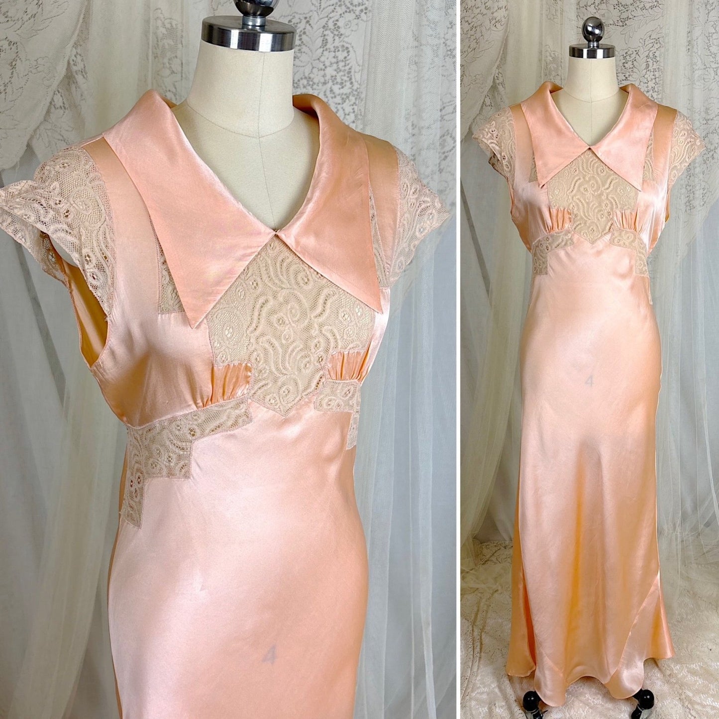 Vintage 1930's Rich Apricot Silk Satin Nightgown with Warm Nude Lace - by Satin Duchene, size S, M - Daggers & Dames