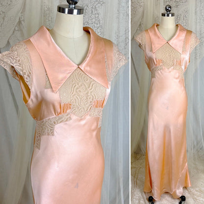 Vintage 1930's Rich Apricot Silk Satin Nightgown with Warm Nude Lace - by Satin Duchene, size S, M - Daggers & Dames