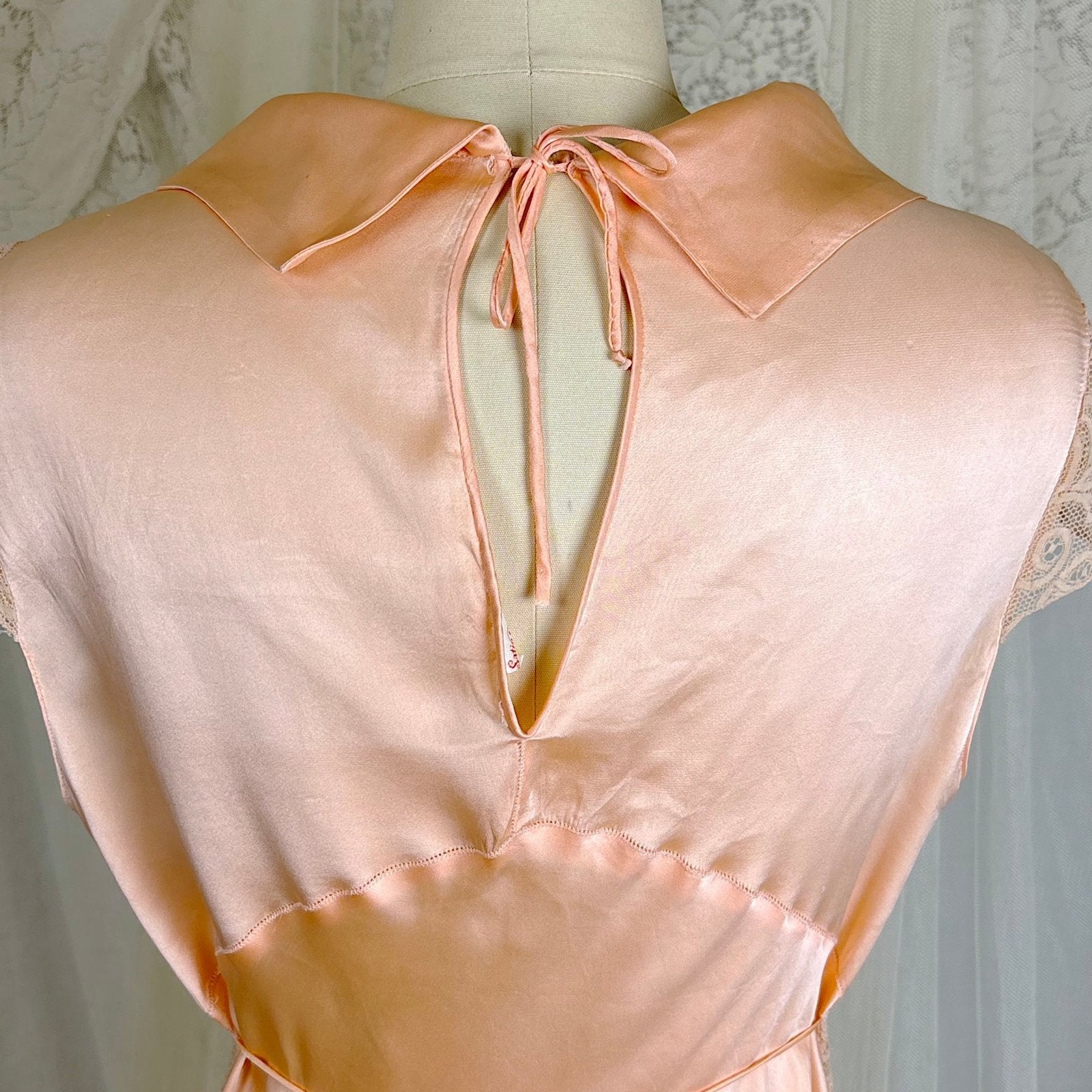 Vintage 1930's Rich Apricot Silk Satin Nightgown with Warm Nude Lace - by Satin Duchene, size S, M - Daggers & Dames