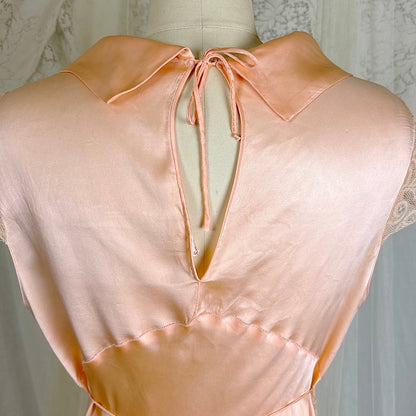 Vintage 1930's Rich Apricot Silk Satin Nightgown with Warm Nude Lace - by Satin Duchene, size S, M - Daggers & Dames