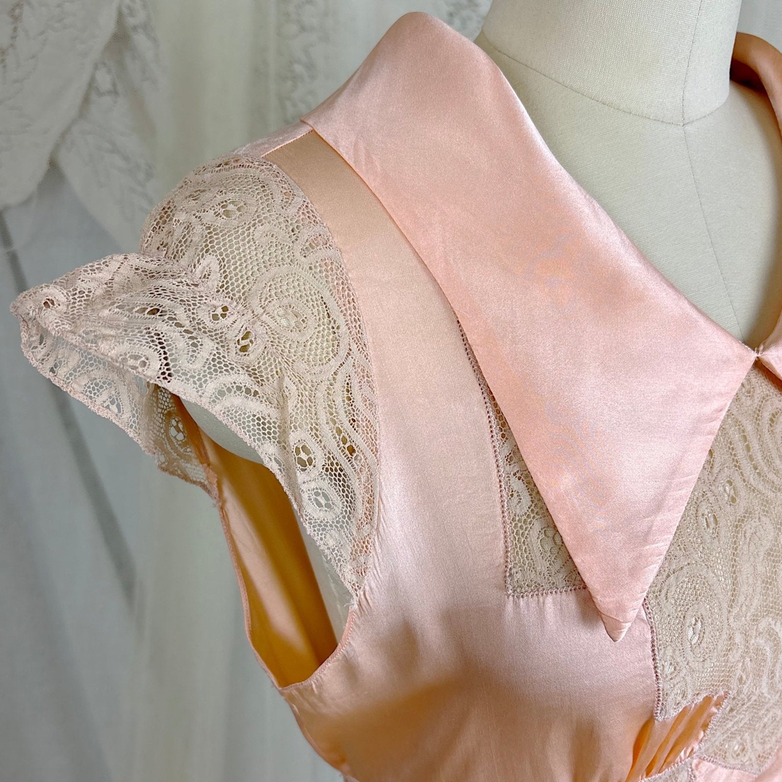 Vintage 1930's Rich Apricot Silk Satin Nightgown with Warm Nude Lace - by Satin Duchene, size S, M - Daggers & Dames
