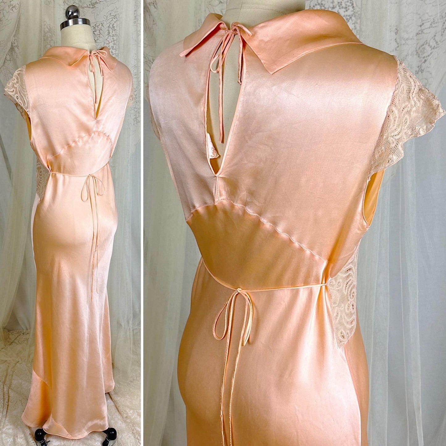 Vintage 1930's Rich Apricot Silk Satin Nightgown with Warm Nude Lace - by Satin Duchene, size S, M - Daggers & Dames