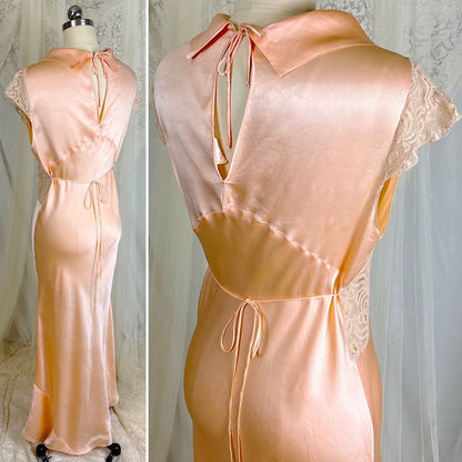 Vintage 1930's Rich Apricot Silk Satin Nightgown with Warm Nude Lace - by Satin Duchene, size S, M - Daggers & Dames