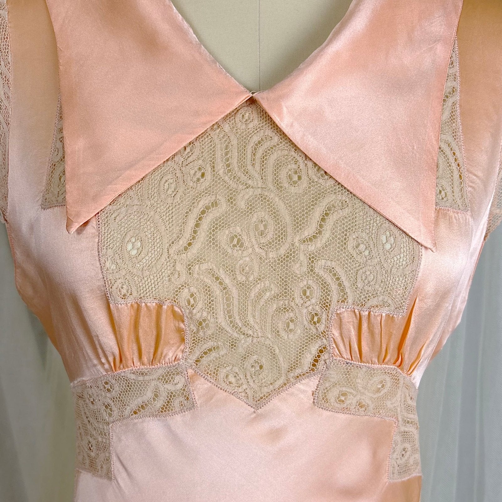 Vintage 1930's Rich Apricot Silk Satin Nightgown with Warm Nude Lace - by Satin Duchene, size S, M - Daggers & Dames