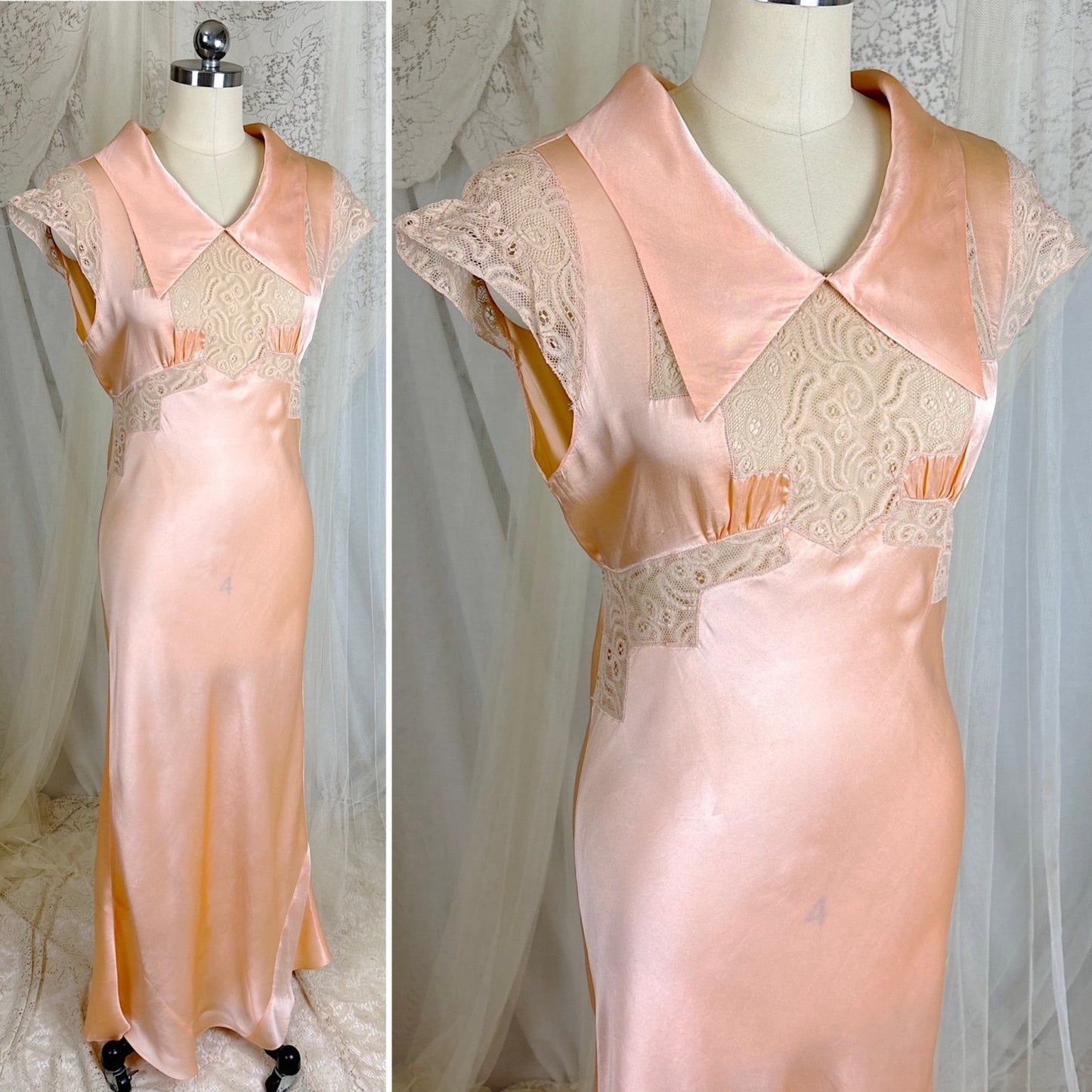 Vintage 1930's Rich Apricot Silk Satin Nightgown with Warm Nude Lace - by Satin Duchene, size S, M - Daggers & Dames