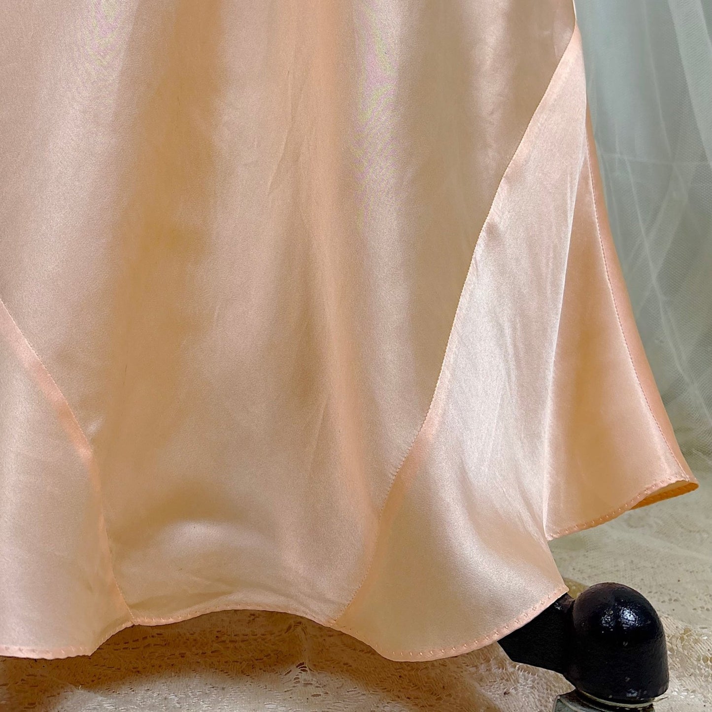 Vintage 1930's Rich Apricot Silk Satin Nightgown with Warm Nude Lace - by Satin Duchene, size S, M - Daggers & Dames
