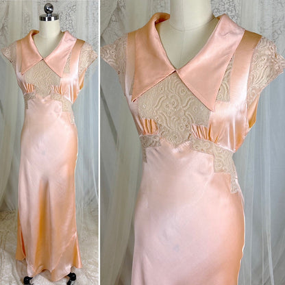 Vintage 1930's Rich Apricot Silk Satin Nightgown with Warm Nude Lace - by Satin Duchene, size S, M - Daggers & Dames