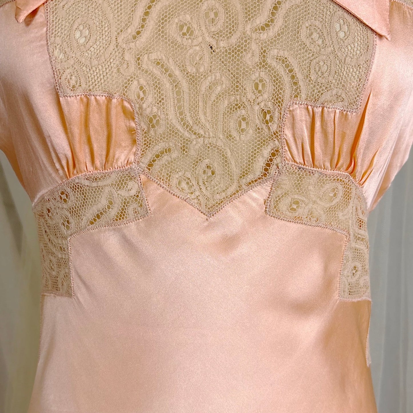Vintage 1930's Rich Apricot Silk Satin Nightgown with Warm Nude Lace - by Satin Duchene, size S, M - Daggers & Dames