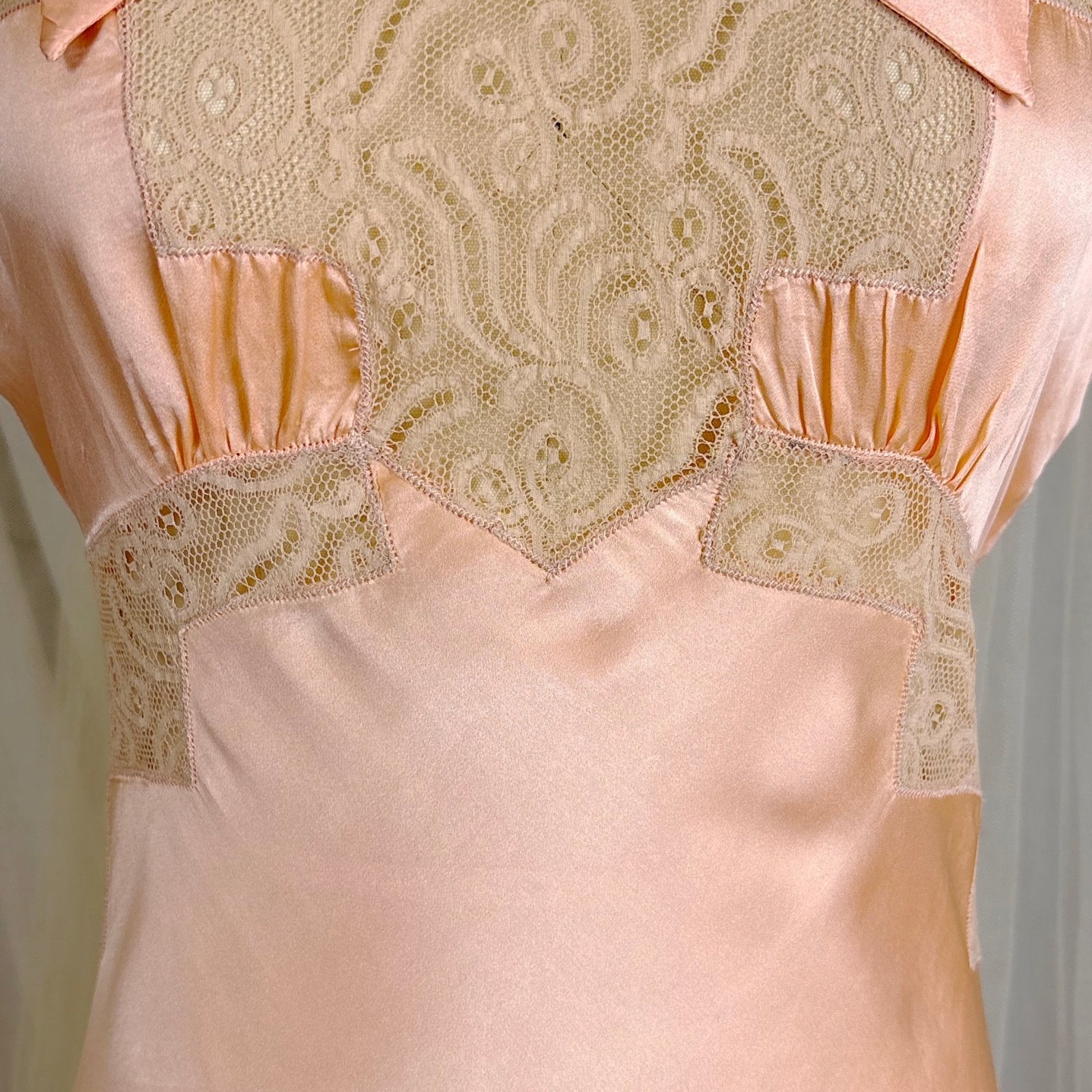 Vintage 1930's Rich Apricot Silk Satin Nightgown with Warm Nude Lace - by Satin Duchene, size S, M - Daggers & Dames