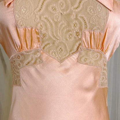 Vintage 1930's Rich Apricot Silk Satin Nightgown with Warm Nude Lace - by Satin Duchene, size S, M - Daggers & Dames