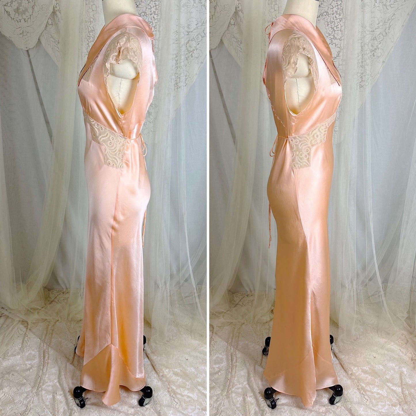 Vintage 1930's Rich Apricot Silk Satin Nightgown with Warm Nude Lace - by Satin Duchene, size S, M - Daggers & Dames
