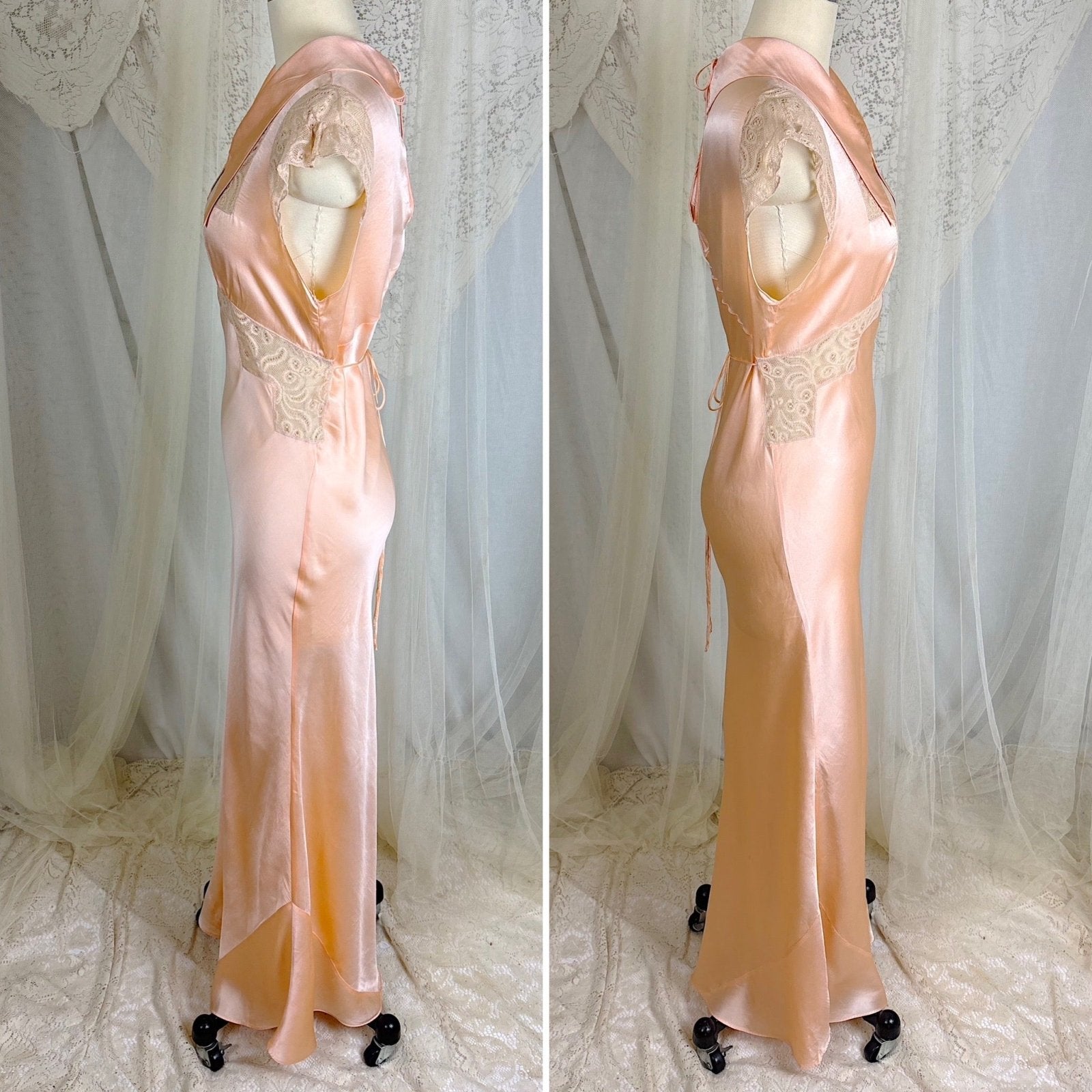Vintage 1930's Rich Apricot Silk Satin Nightgown with Warm Nude Lace - by Satin Duchene, size S, M - Daggers & Dames